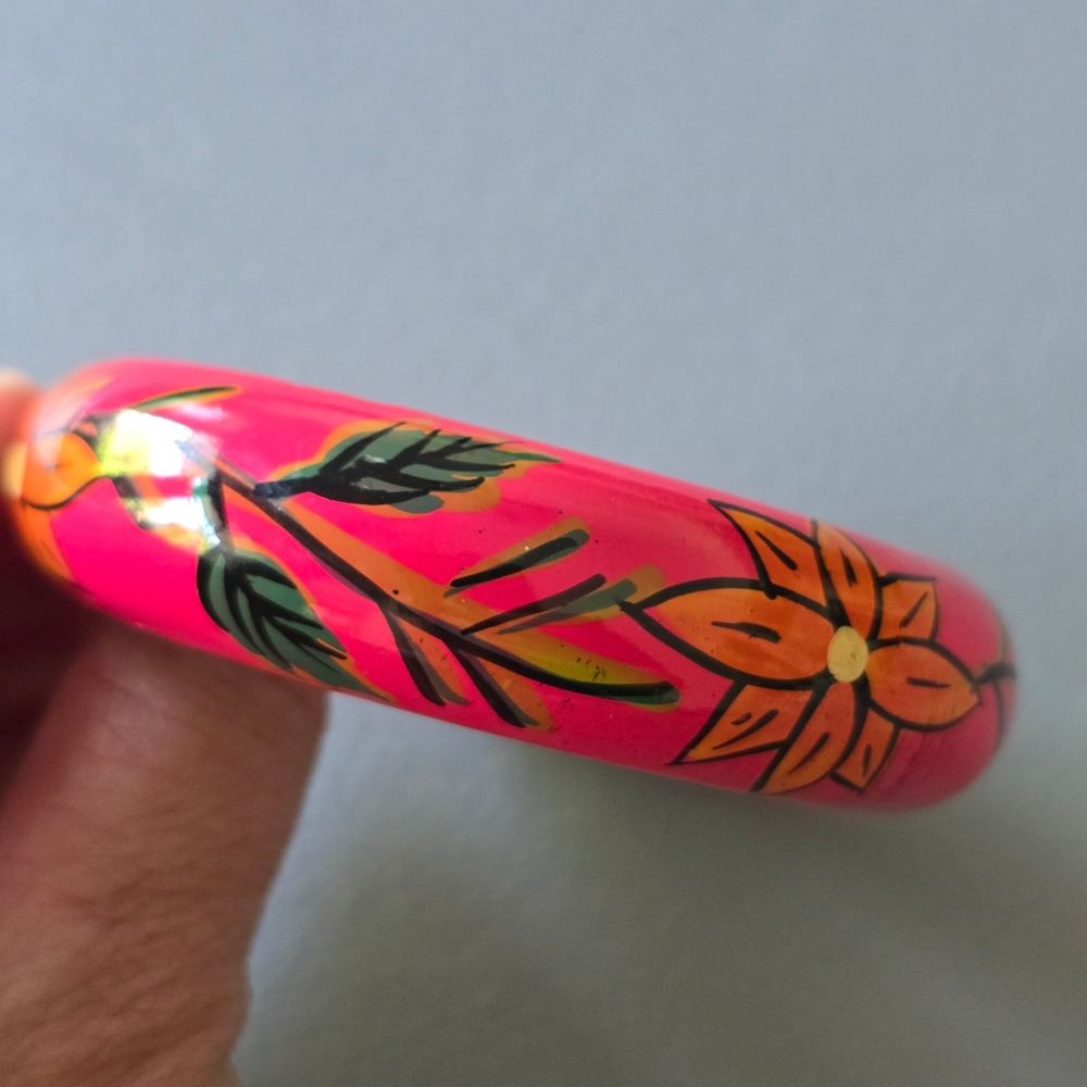 Hand painted Wooden floral bangle bracelet Pink orange green